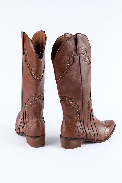 Brown Vintage Rivet Studded Faux Leather Boots