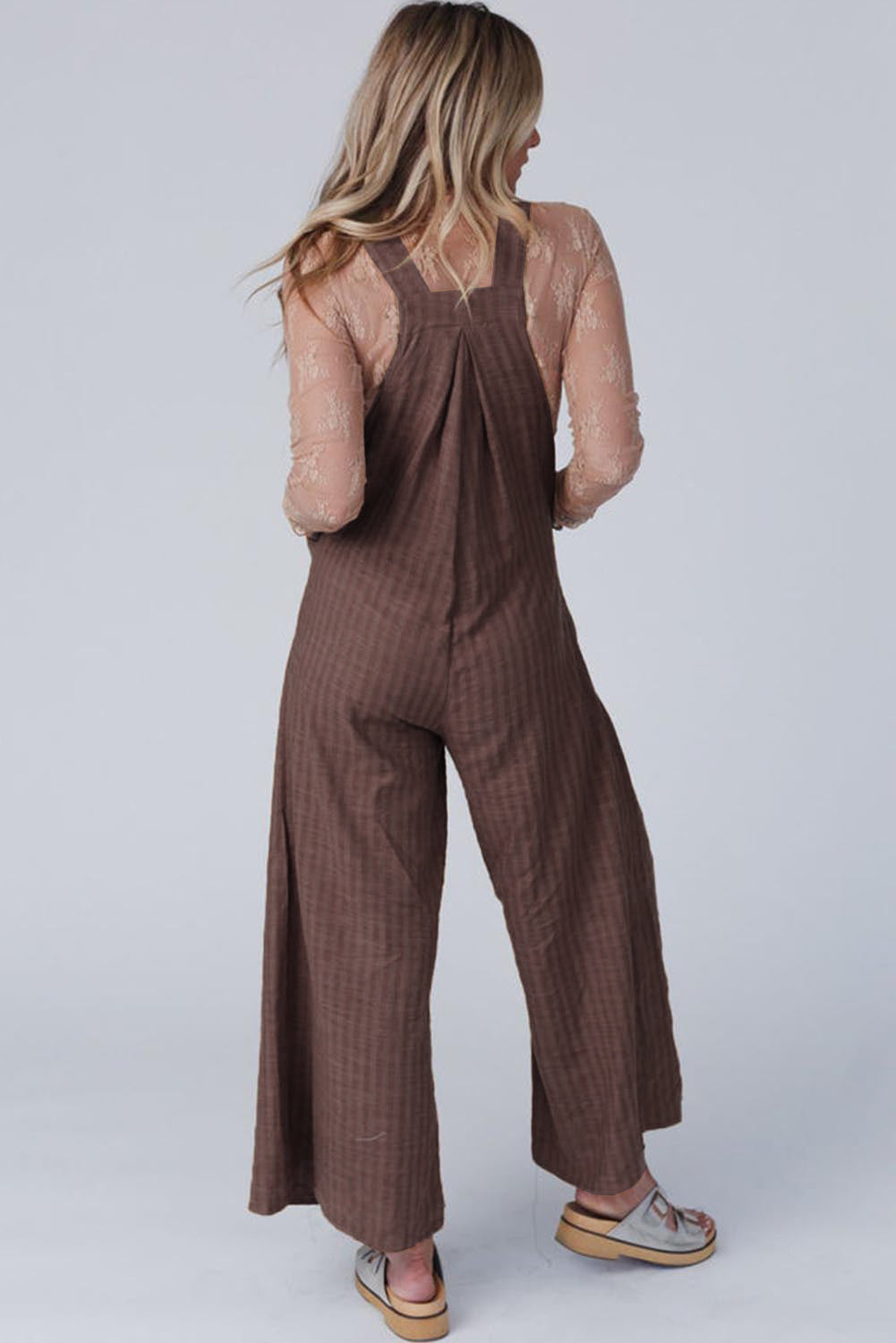 Striped Pleated Pockets Wide Leg Jumpsuit