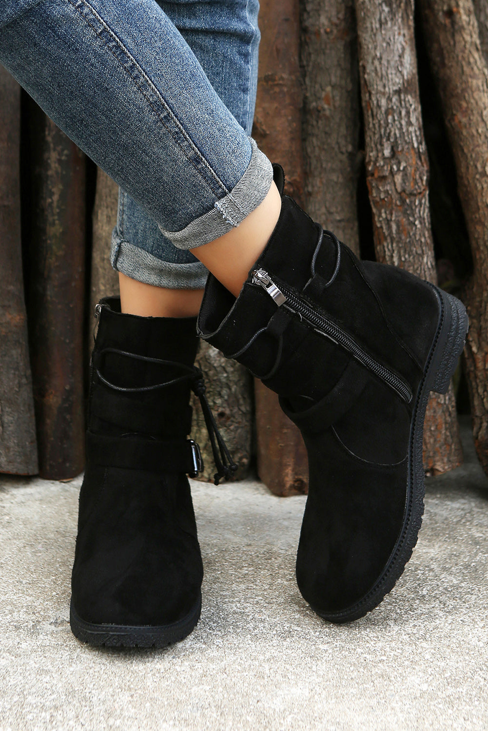 Faux Suede Zip Up Buckle Straps Ankle Boots