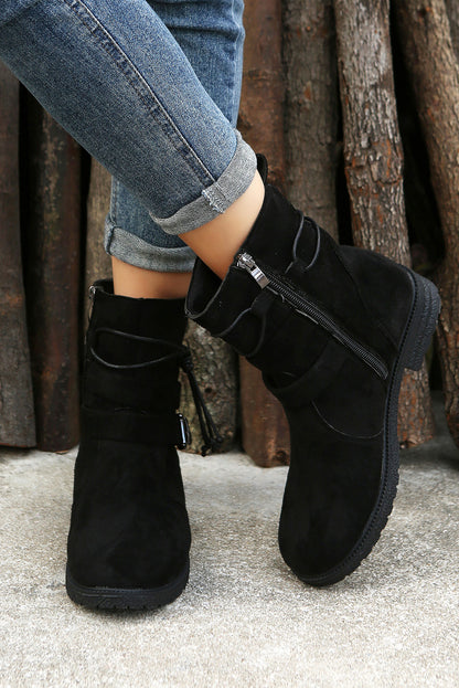 Faux Suede Zip Up Buckle Straps Ankle Boots