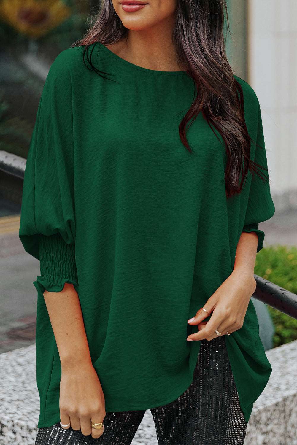 Casual Shirred Cuffs Half Sleeve Top