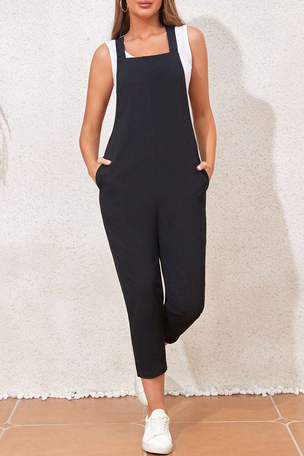 Black Adjustable Buckle Straps Cropped Jumpsuit