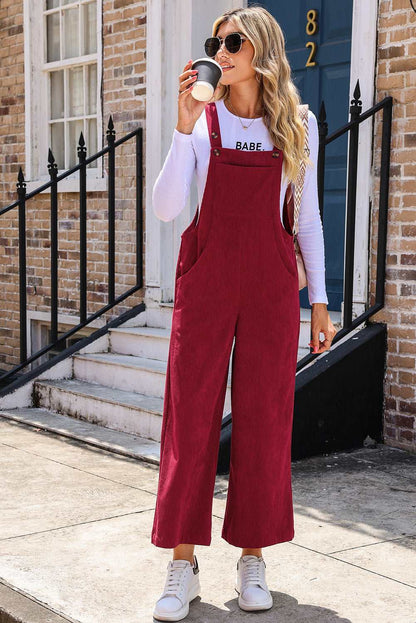 Black Corduroy Side Pockets Wide Leg Overalls Jumpsuits