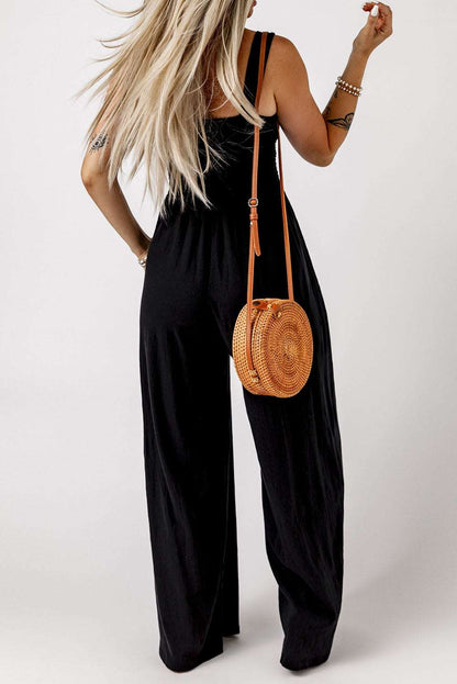 Casual Smocked Pocketed Wide Leg Jumpsuit