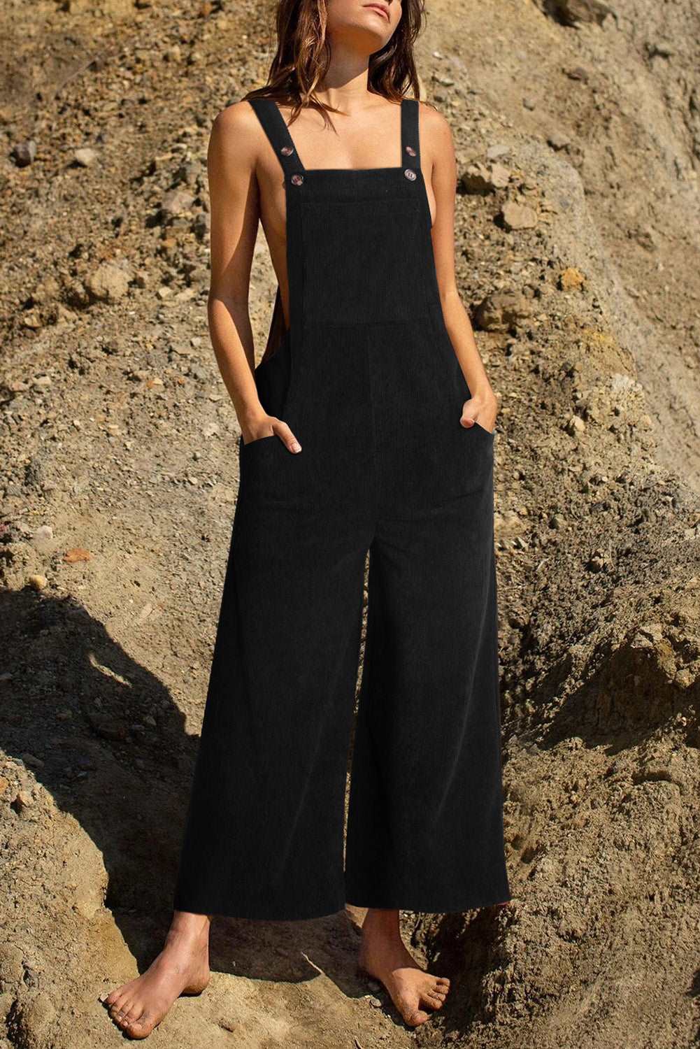 Black Corduroy Side Pockets Wide Leg Overalls Jumpsuits