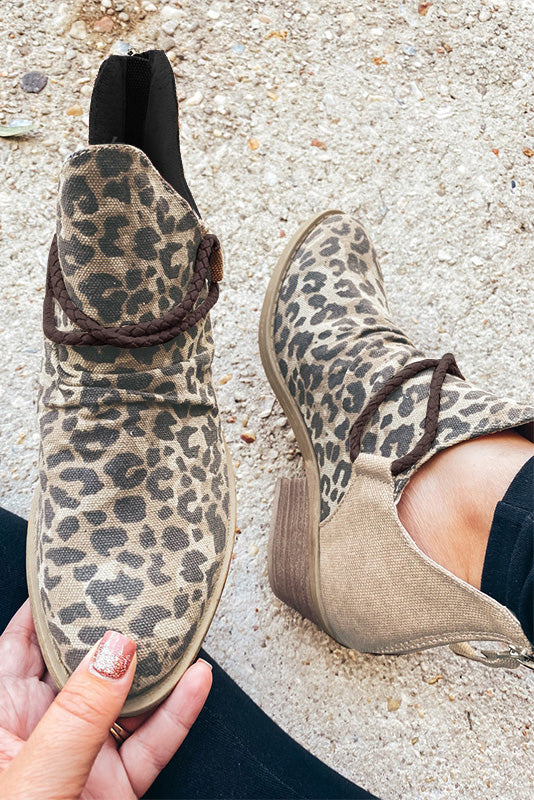 Leopard Retro Canvas Patchwork Chunky Heel Booties