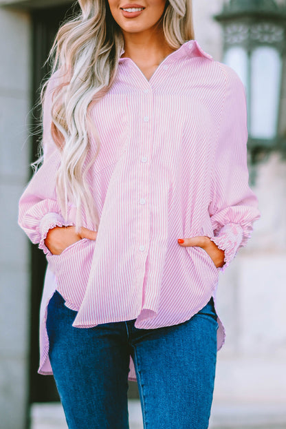 Striped Casual Shirred Cuffs Shirt