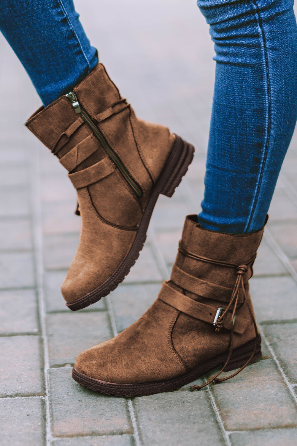 Faux Suede Zip Up Buckle Straps Ankle Boots