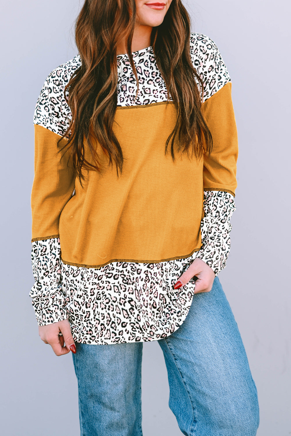 Leopard Print Waffle Knit Patchwork Top