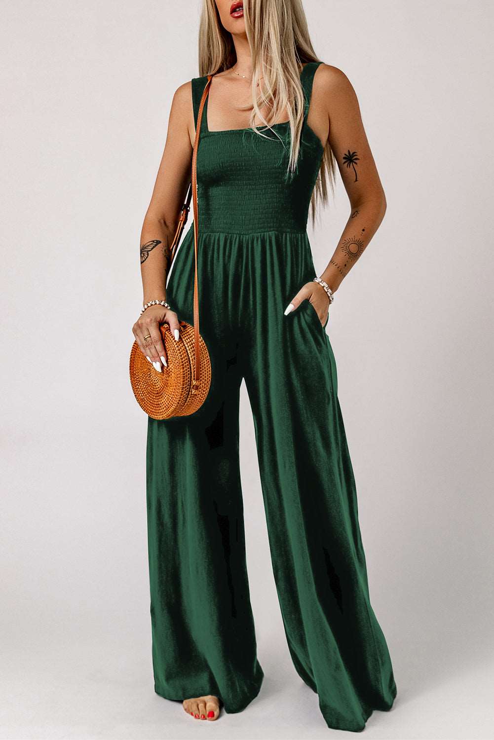 Casual Smocked Pocketed Wide Leg Jumpsuit