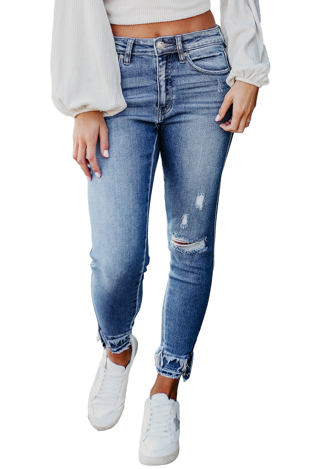 Light Blue Ripped Fringe Crop Skinny Jeans