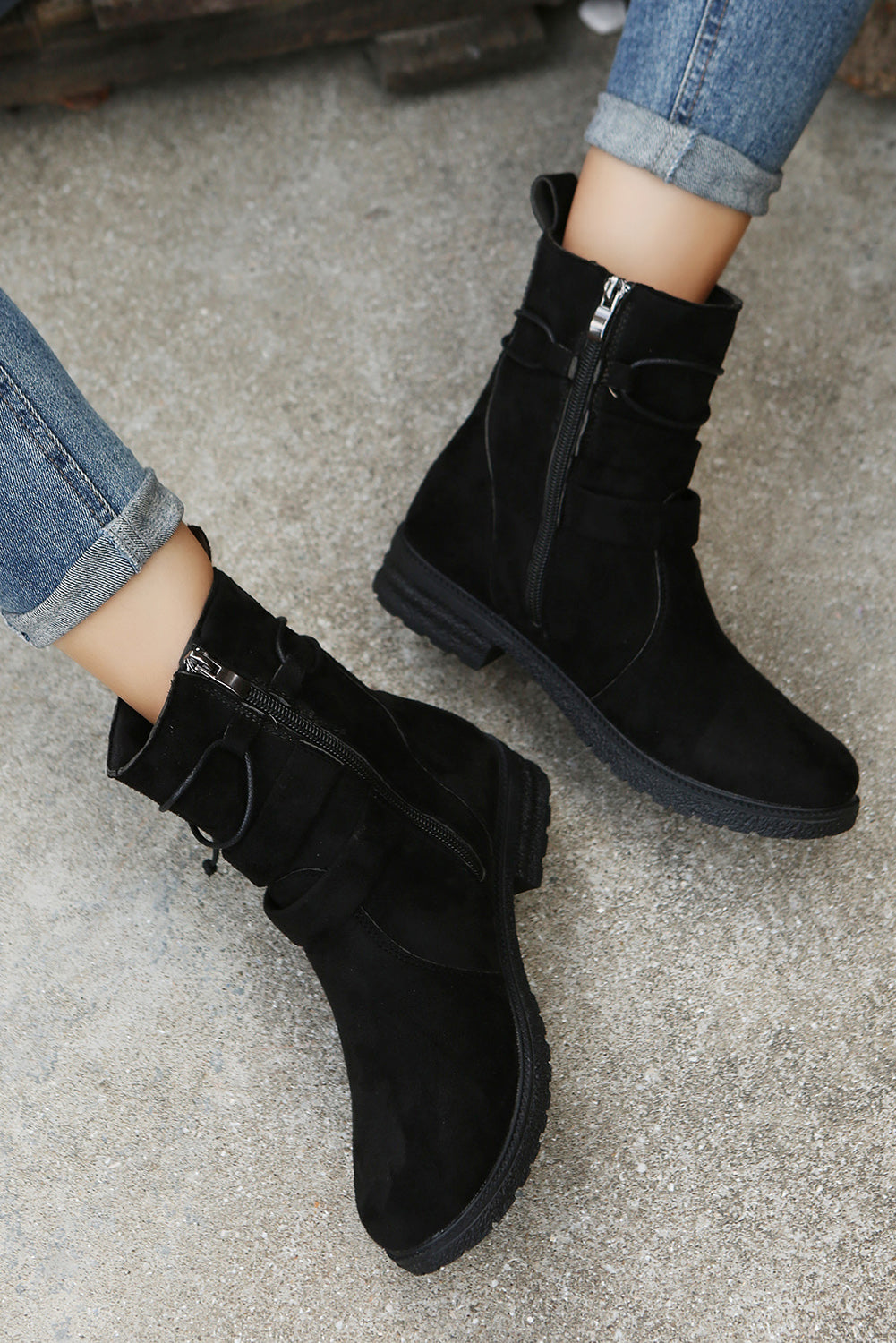 Faux Suede Zip Up Buckle Straps Ankle Boots