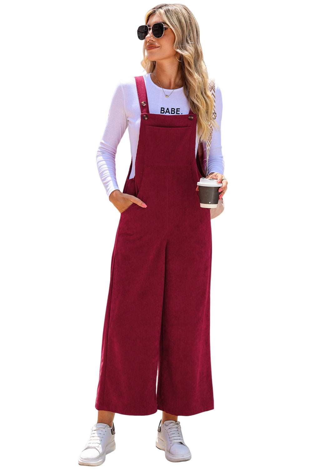 Black Corduroy Side Pockets Wide Leg Overalls Jumpsuits