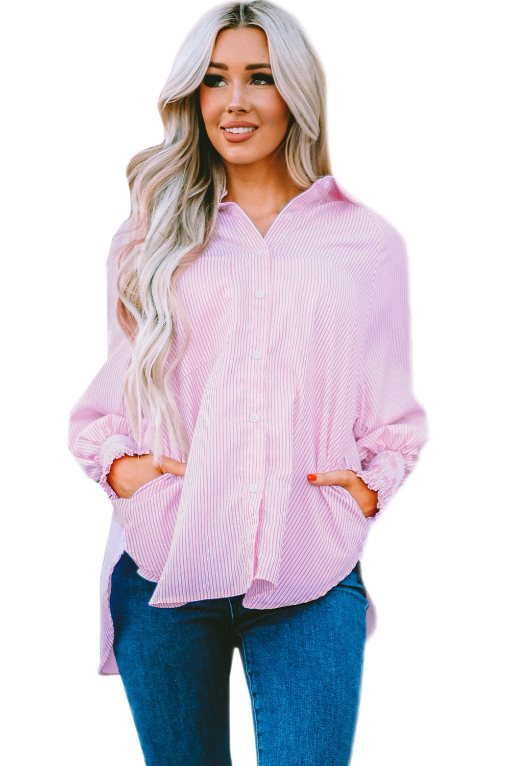 Striped Casual Shirred Cuffs Shirt