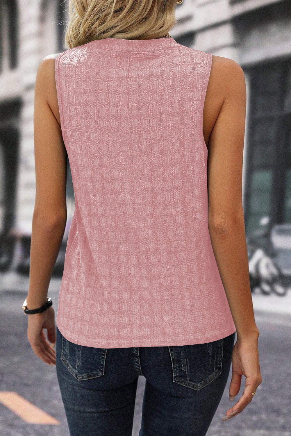 Textured Split V Neck Sleeveless Shirt