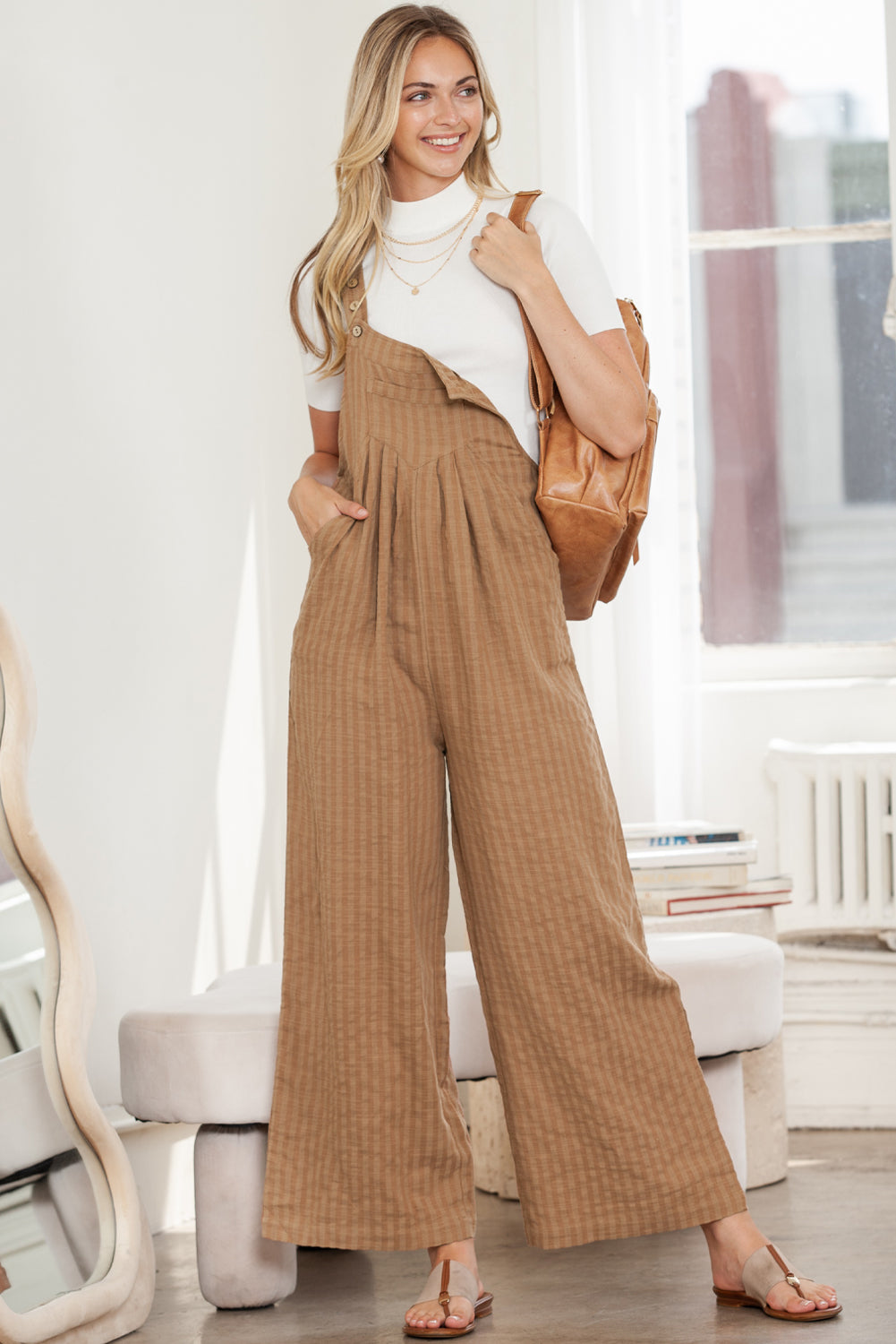 Striped Pleated Pockets Wide Leg Jumpsuit