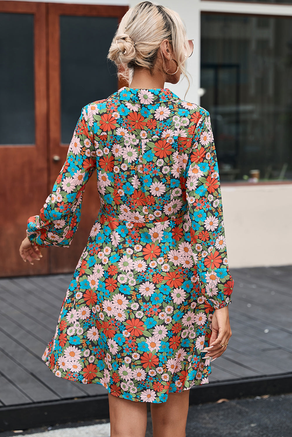 Multicolour Vibrant Floral Print Lapel Collar Button Closure Shirt Dress