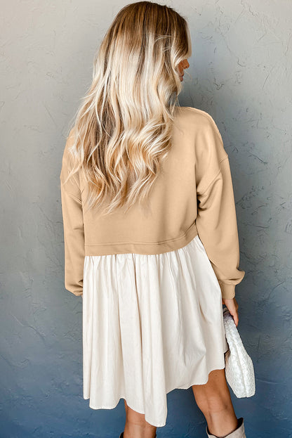 Khaki Sweatshirt Colorblock Flowy Pleated Mini Dress