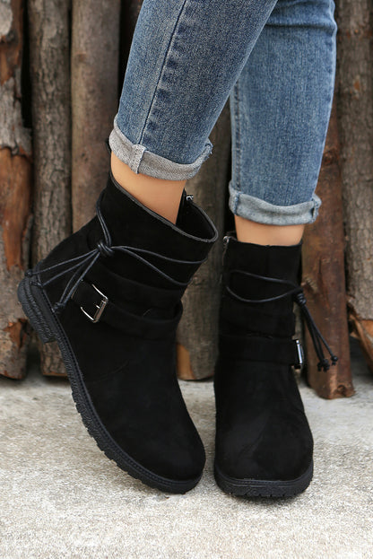 Faux Suede Zip Up Buckle Straps Ankle Boots