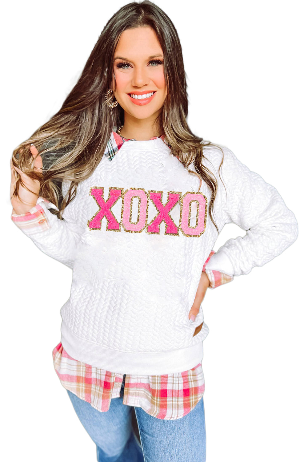 XOXO Chenille Letter Patch Quilted Sweatshirt