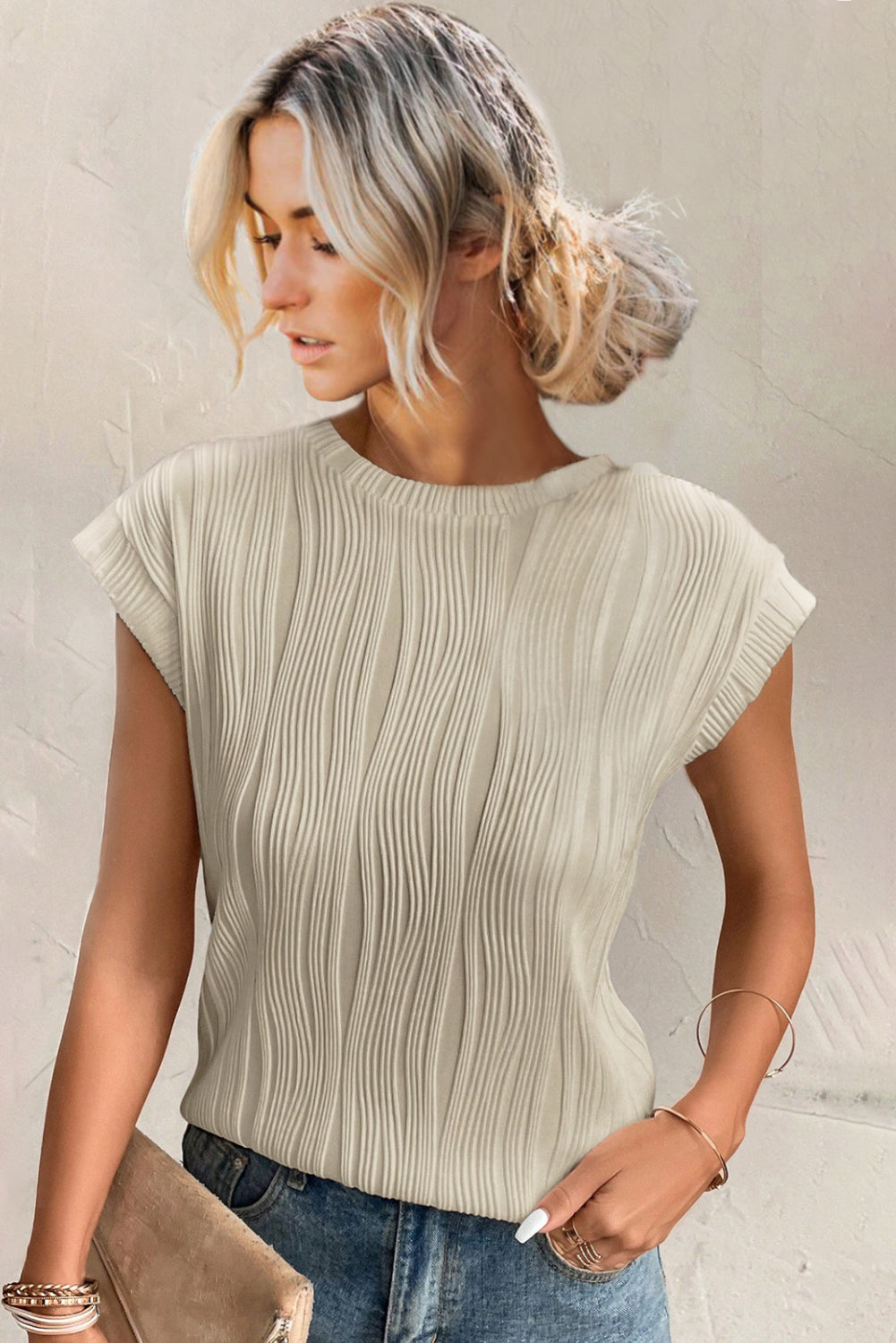 Solid Color Wavy Textured Cap Sleeve Top