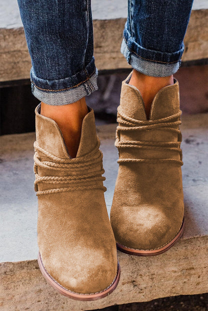 Criss Cross Slip On Point Toe Heeled Boots