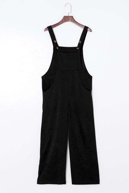 Black Corduroy Side Pockets Wide Leg Overalls Jumpsuits