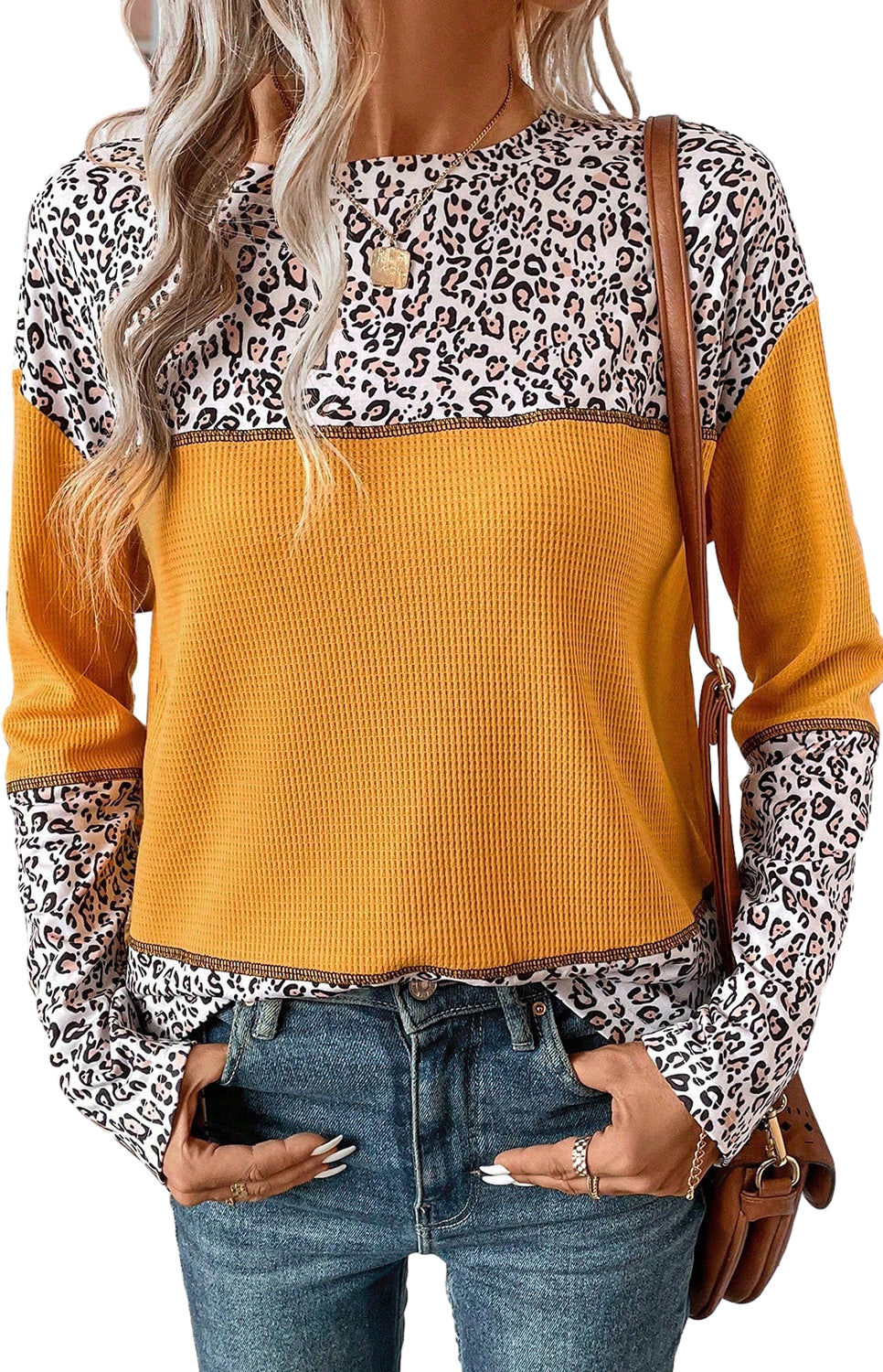 Leopard Print Waffle Knit Patchwork Top