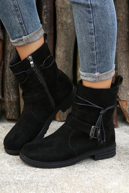 Faux Suede Zip Up Buckle Straps Ankle Boots