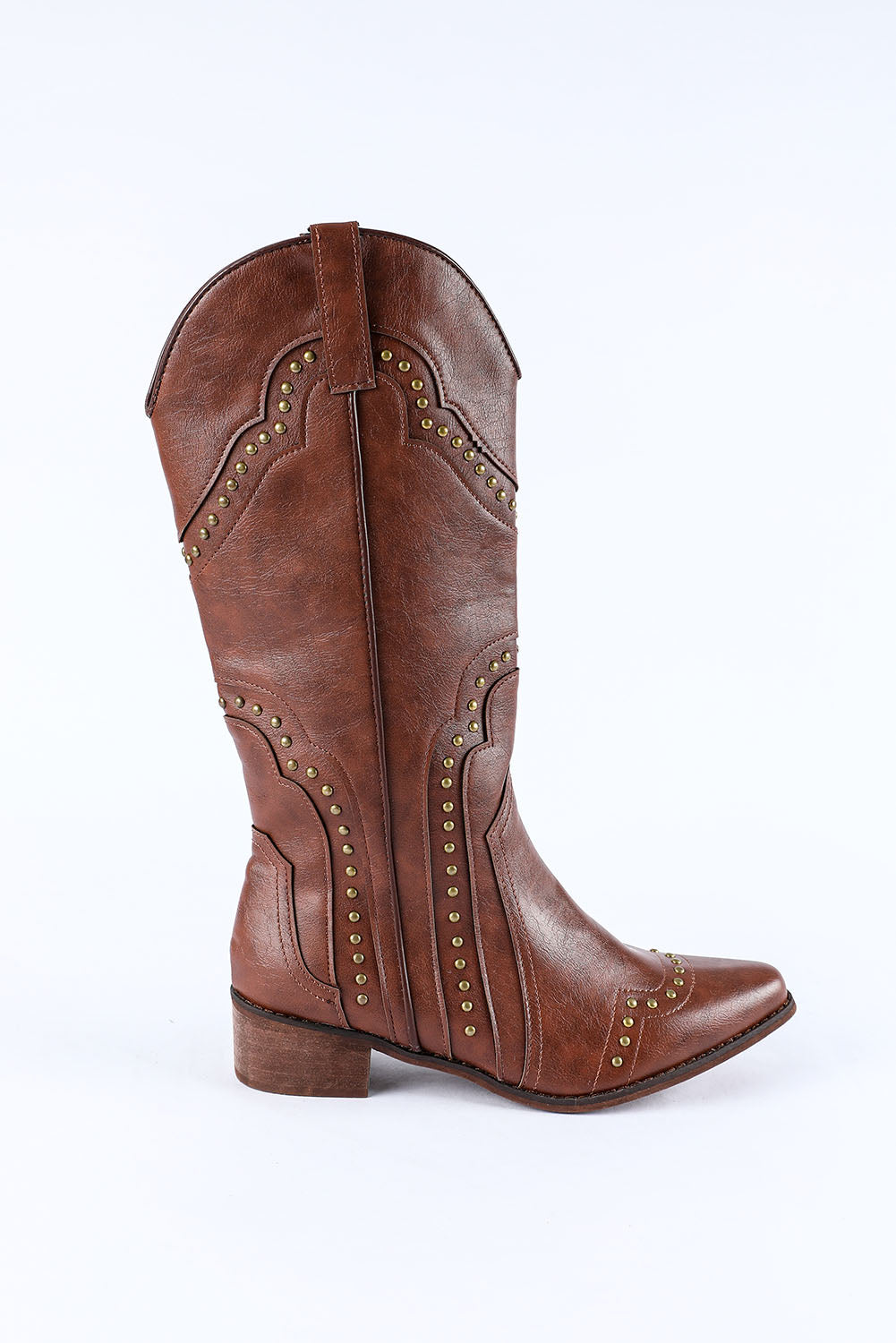 Brown Vintage Rivet Studded Faux Leather Boots