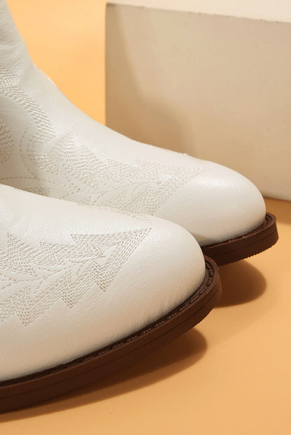 Embroidered Leather Thick Heel Booties