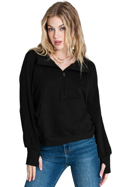 Zip Up Stand Collar Thumb hole Sleeve Sweatshirt