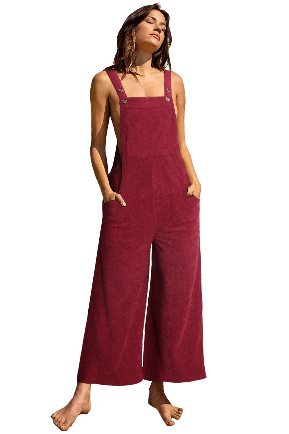 Black Corduroy Side Pockets Wide Leg Overalls Jumpsuits