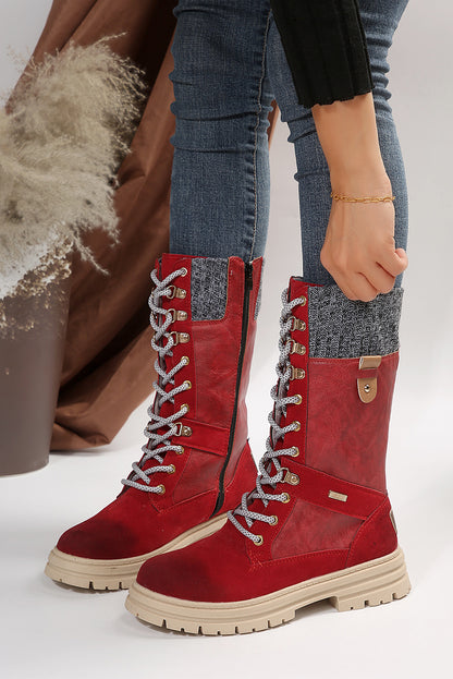 Coffee Wool Knit Patchwork Lace Up Leather Boots