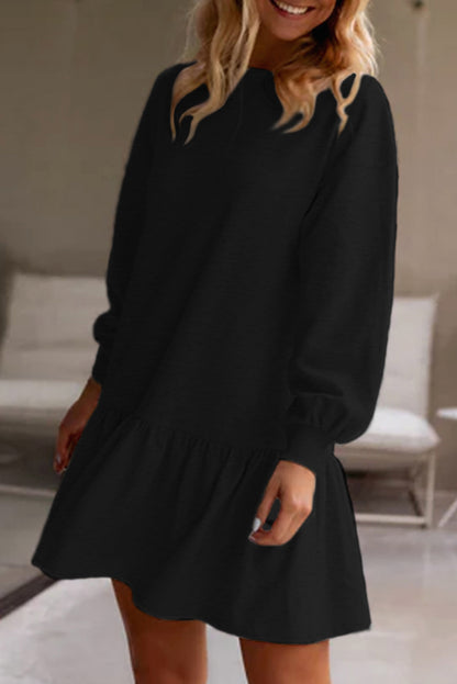 Solid Color Ruffle Hem Mini Sweatshirt Dress