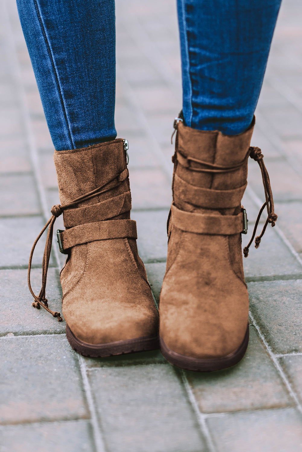 Faux Suede Zip Up Buckle Straps Ankle Boots