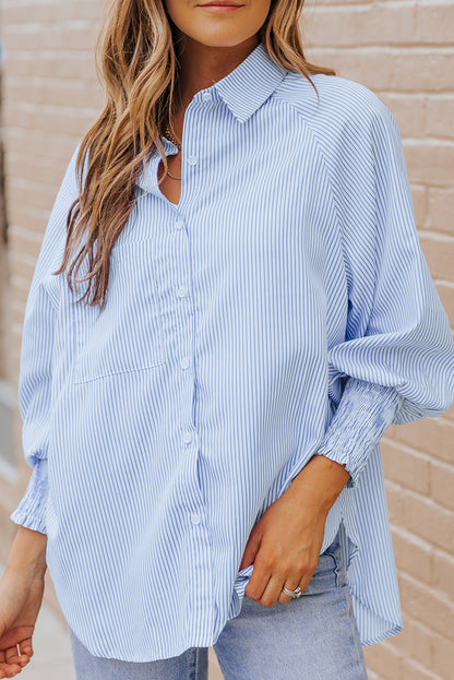 Striped Casual Shirred Cuffs Shirt