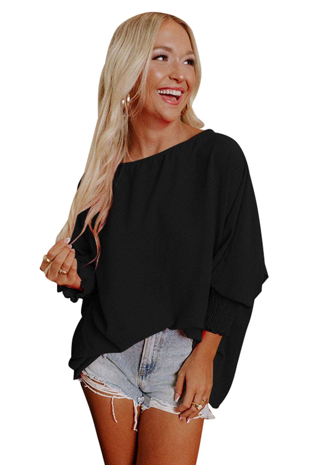 Casual Shirred Cuffs Half Sleeve Top