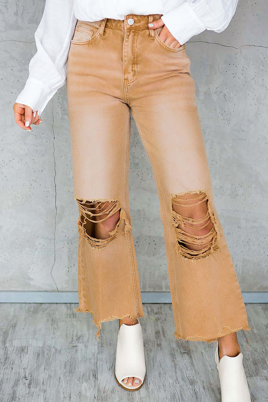 Distressed Hollow-out High Waist Flare Jeans