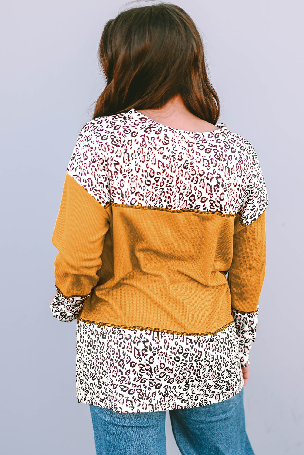 Leopard Print Waffle Knit Patchwork Top