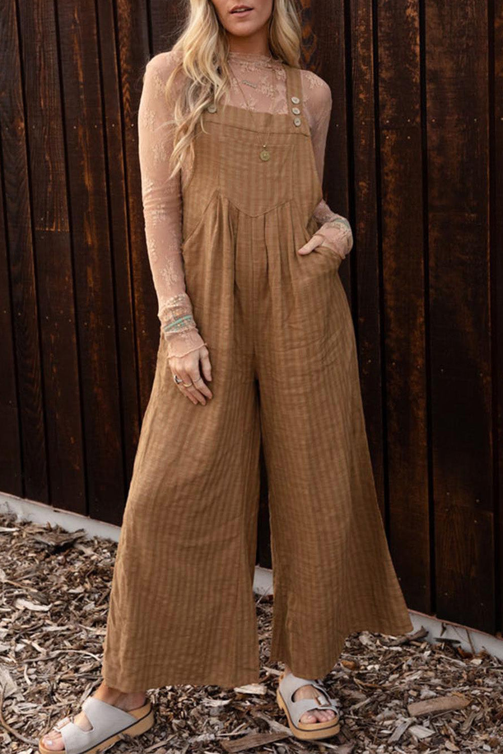 Striped Pleated Pockets Wide Leg Jumpsuit