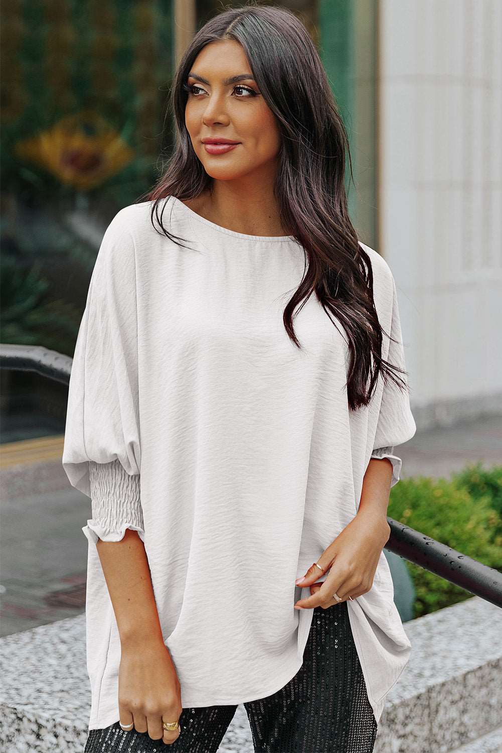 Casual Shirred Cuffs Half Sleeve Top