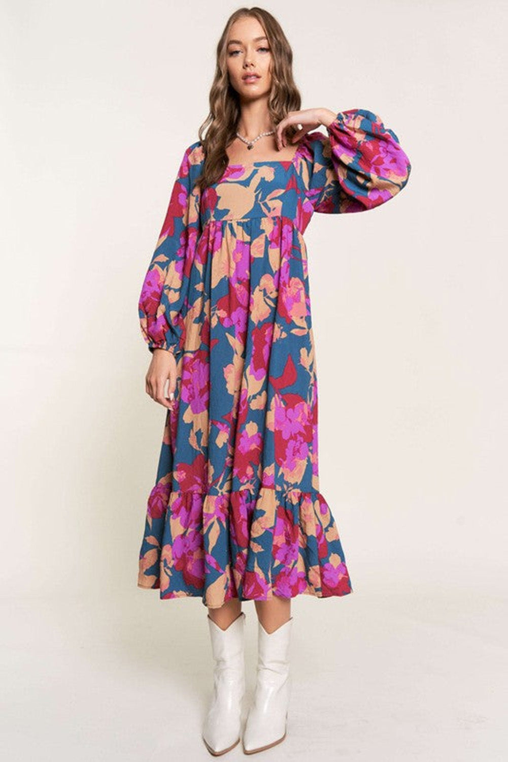 Multicolor Boho Floral Print Square Neck Ruffle Maxit Dress