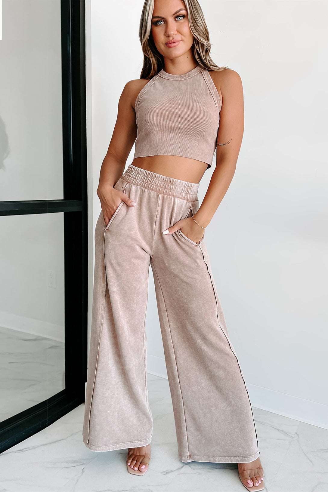 Apricot Pink Mineral Washed Smocked Wide Leg Pants