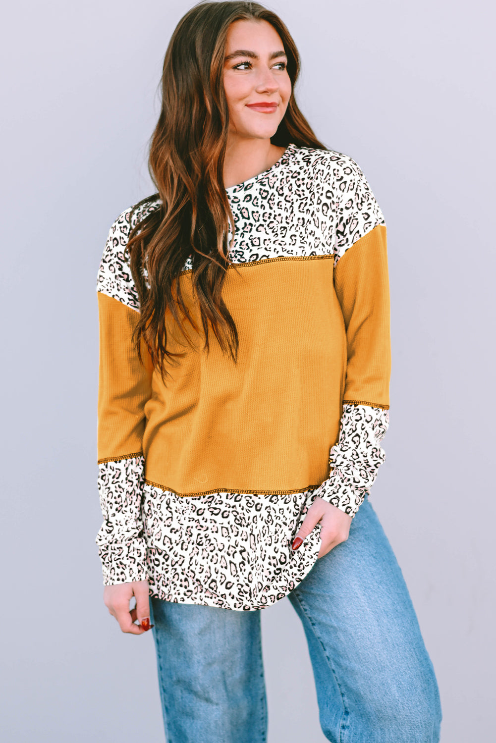 Leopard Print Waffle Knit Patchwork Top