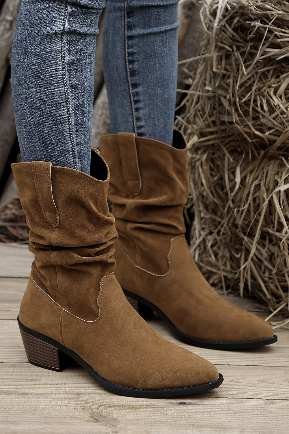 Chestnut Thick Heeled Scrunch Suede Pointed Toe Boots