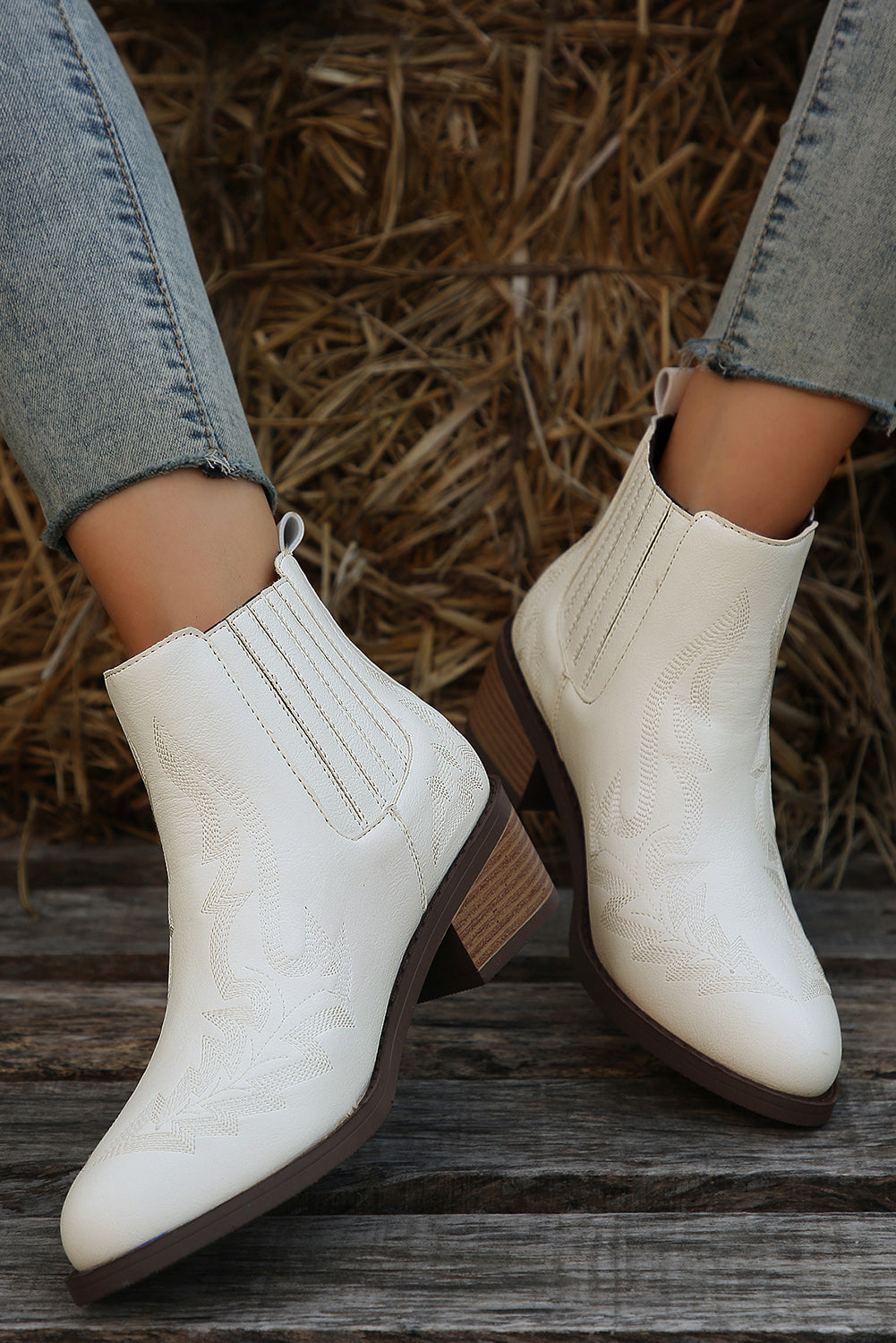 Embroidered Leather Thick Heel Booties