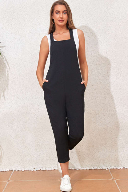 Black Adjustable Buckle Straps Cropped Jumpsuit