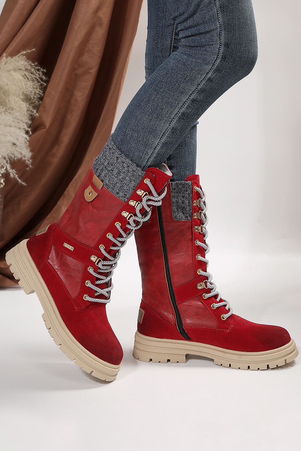 Coffee Wool Knit Patchwork Lace Up Leather Boots