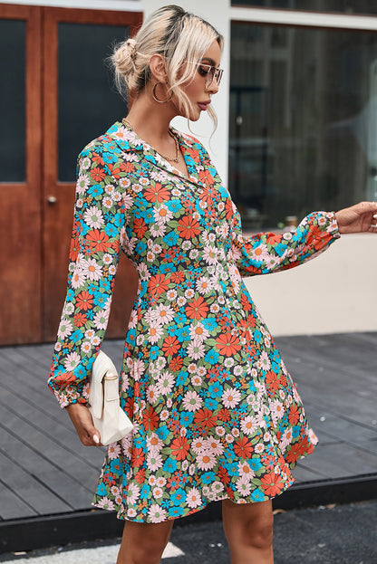 Multicolour Vibrant Floral Print Lapel Collar Button Closure Shirt Dress